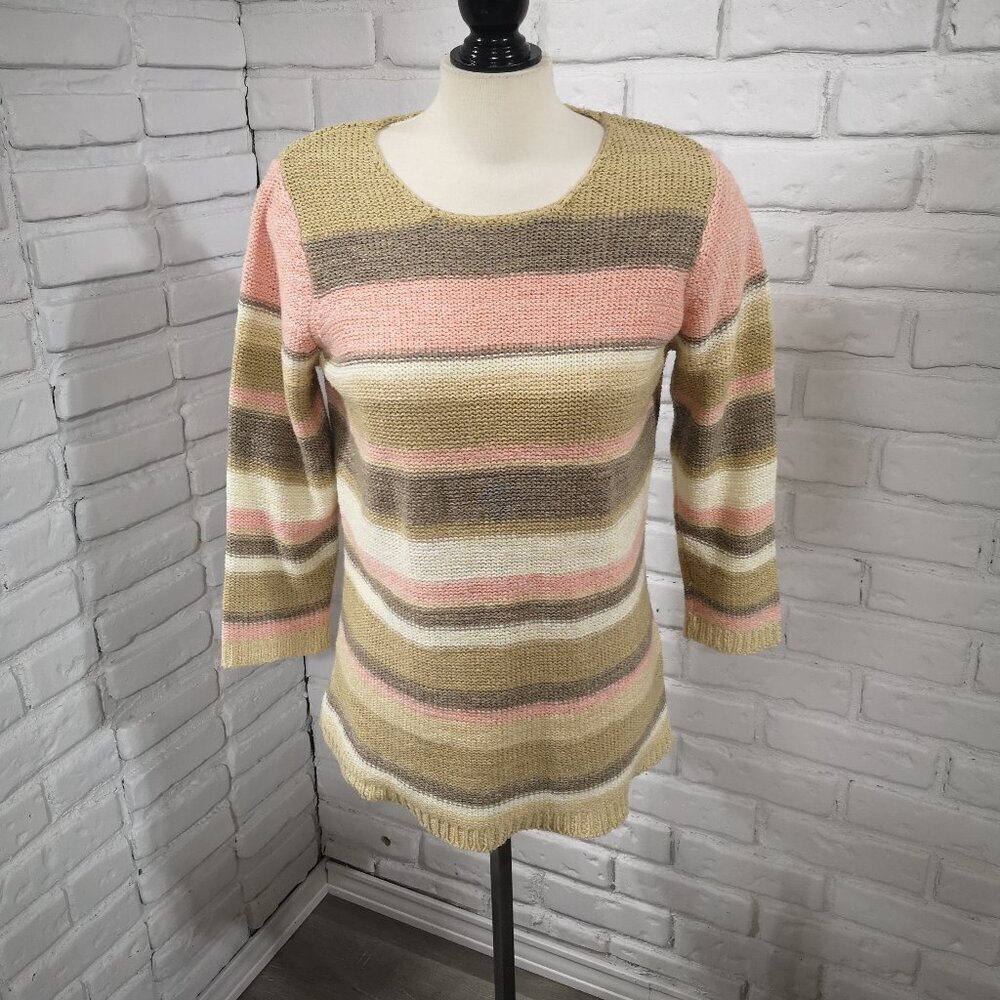 Penmans Ladies Size Medium Tan Salmon Taupe & White Striped 3/4 Sleeves Sweater
